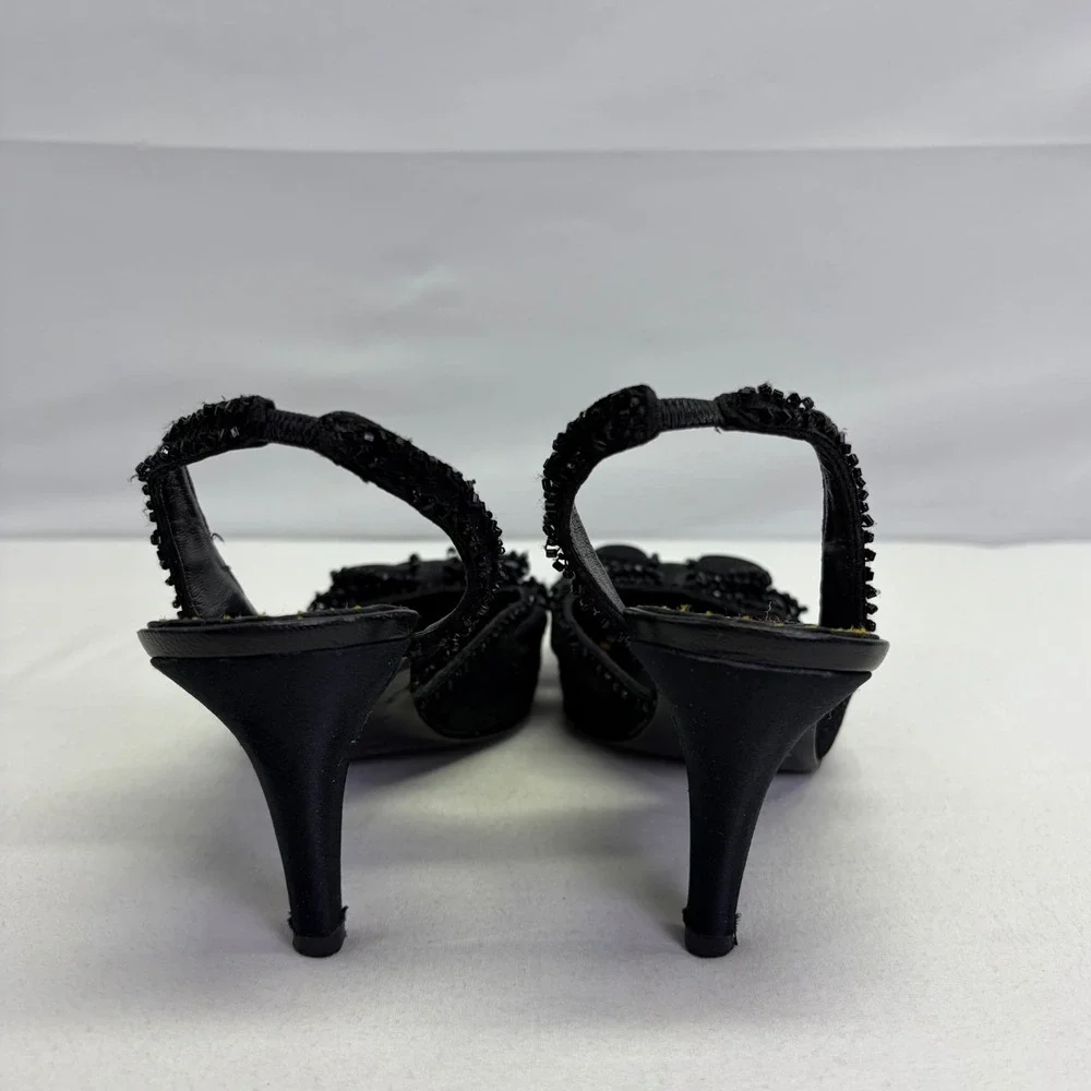 Y2K Betsey Johnson Black Lace Bow Slingback Heels 8.5M Beaded Whimsigoth Rare